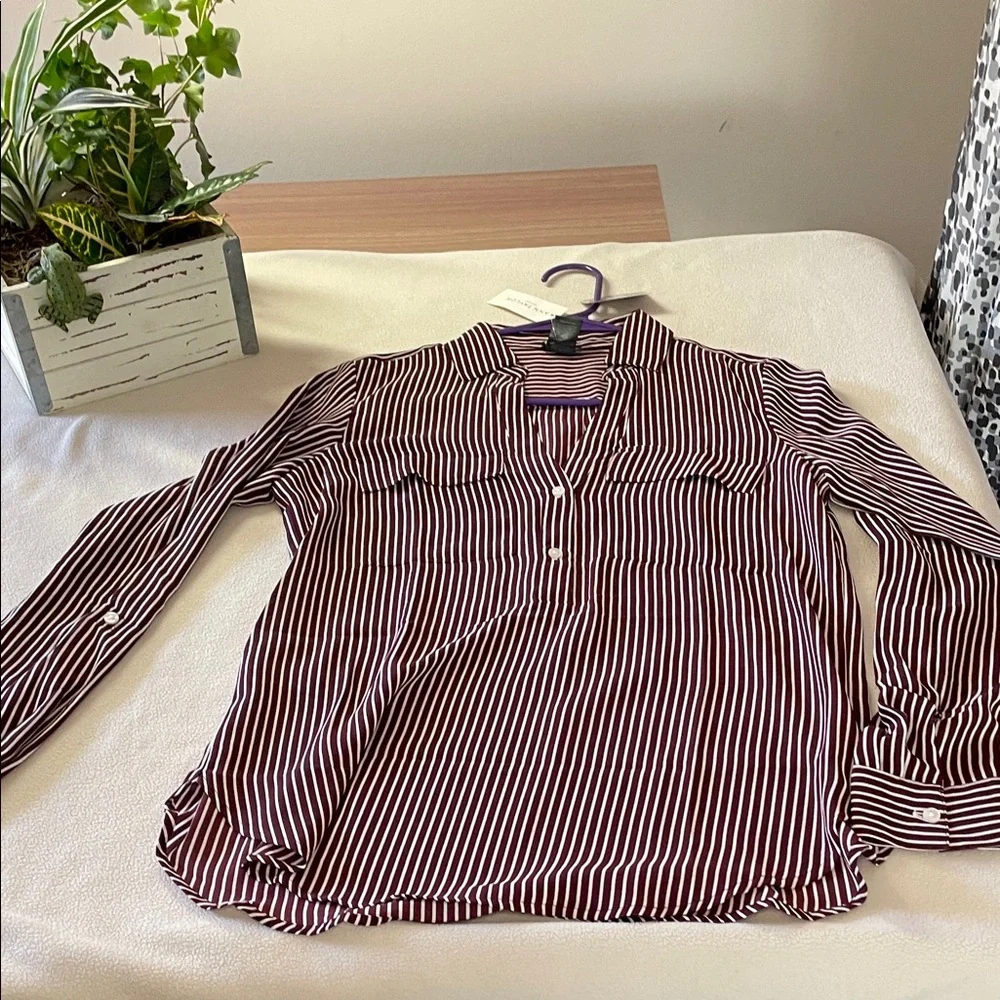 035-Ann Taylor Factory Burgundy and White Striped Blouse - Picture 5 of 9